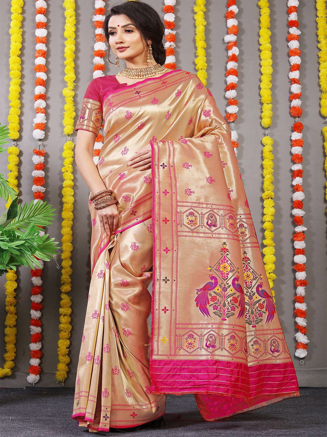 

Anouk Woven Design Zari Pure Silk Paithani Saree, Pink