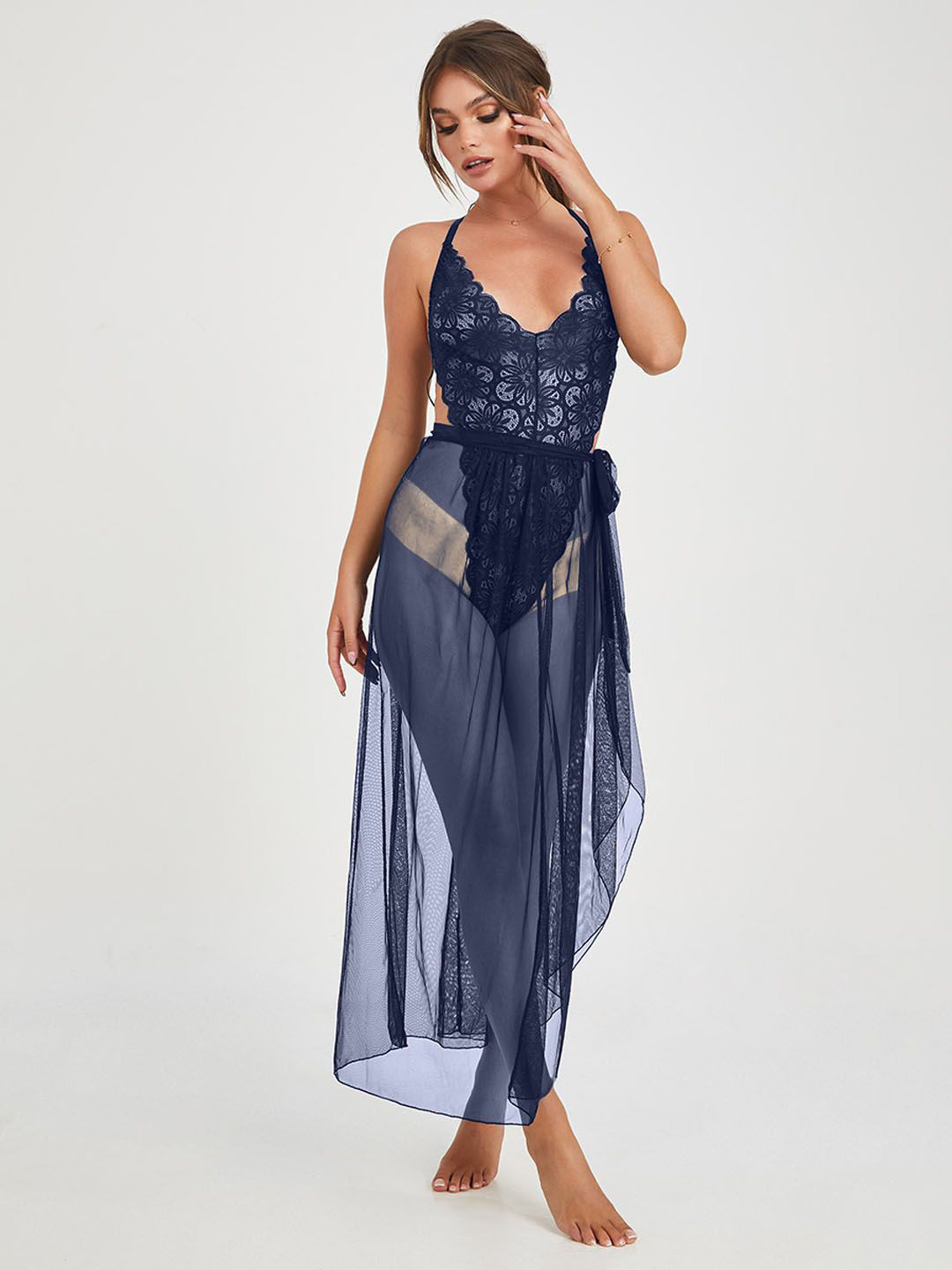 

Krelin Women Net Halter Neck Baby Doll, Navy blue