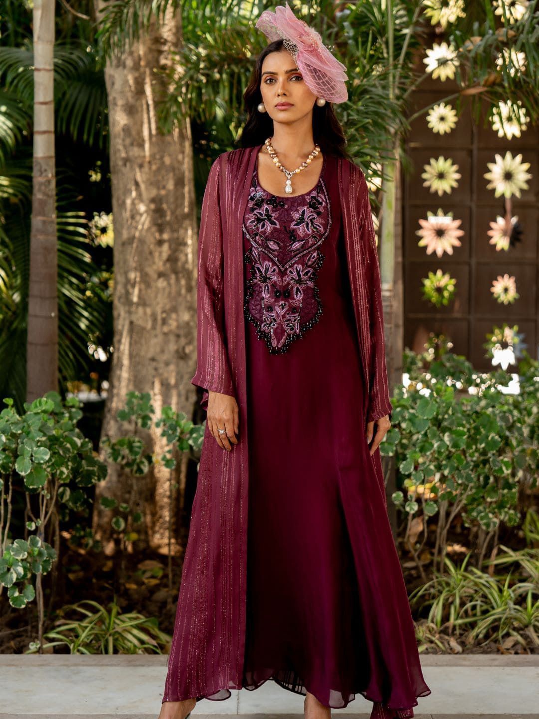 

Nikita Vishakha Embroidered Maxi Dress With shurgs, Burgundy