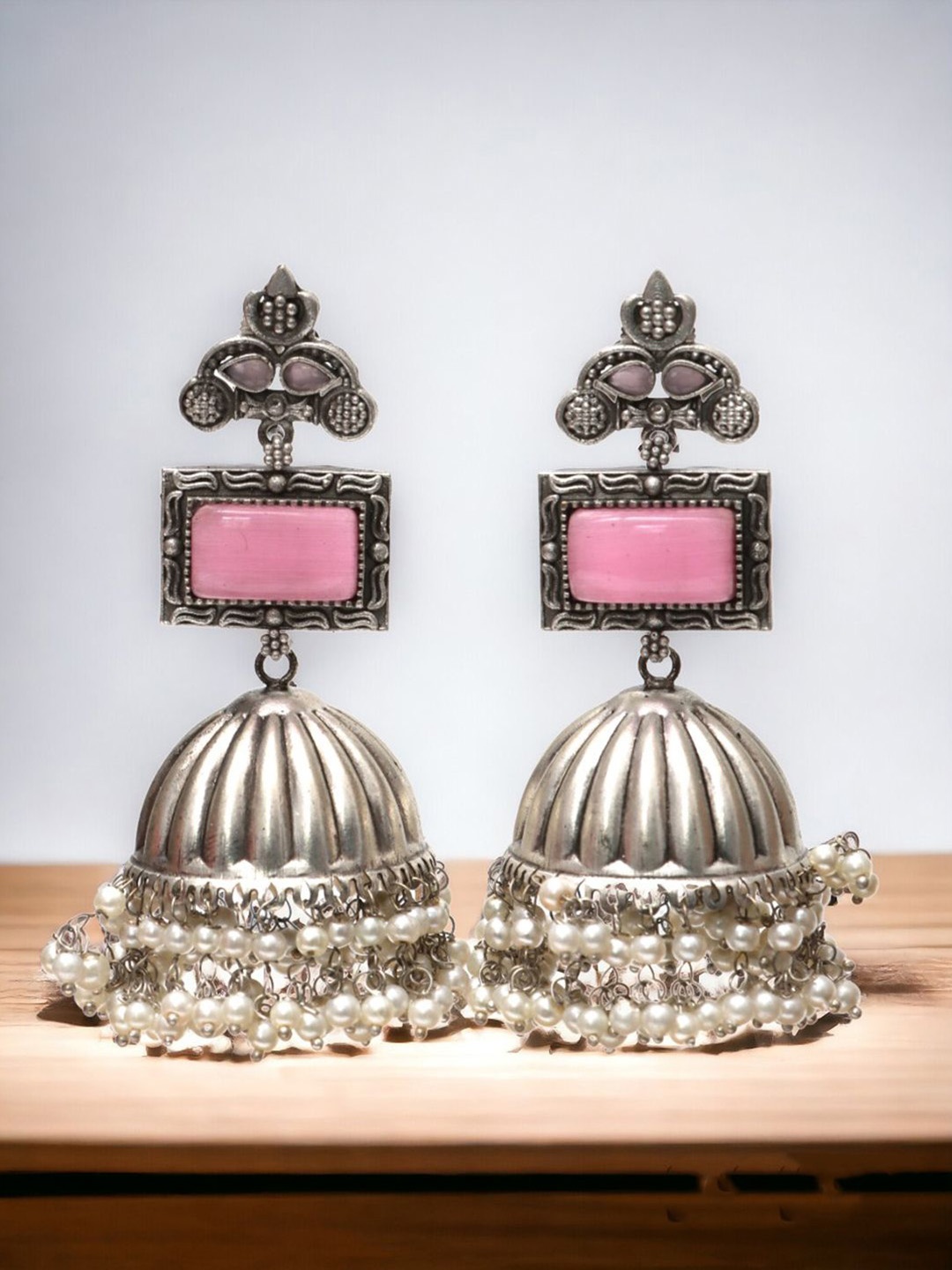 

Ozanoo Silver-Plated Crystals Dome Shaped Jhumkas, Pink