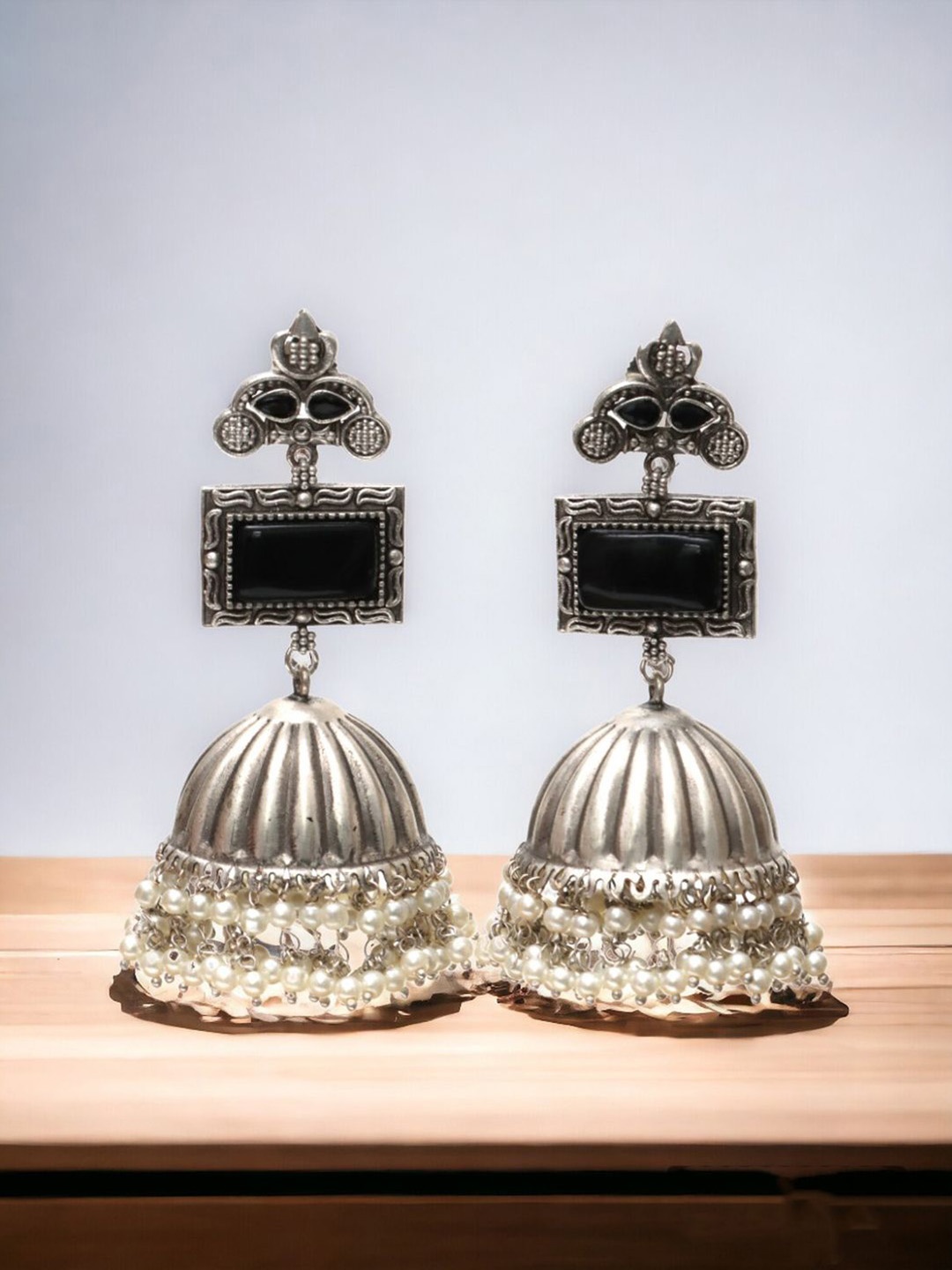 

Ozanoo Silver-Plated Crystals Studded Dome Shaped Jhumkas, Black