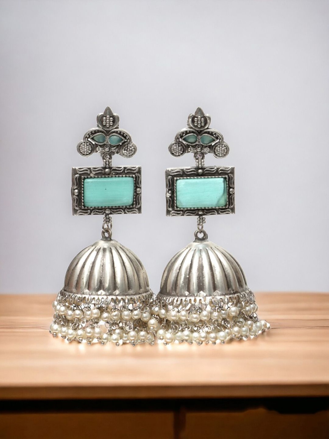 

Ozanoo Silver-Plated Crystals Studded Dome Shaped Jhumkas, Sea green