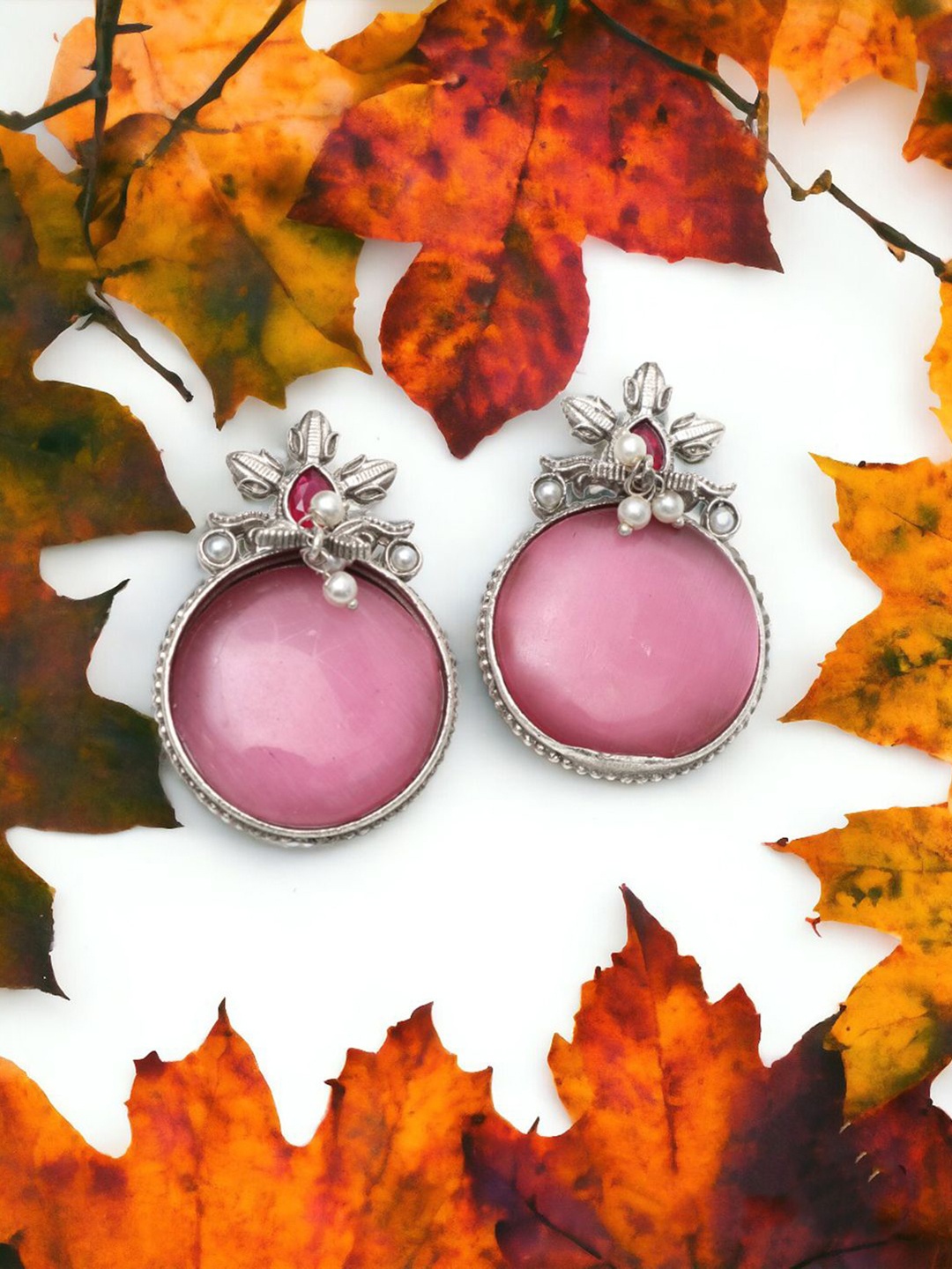 

Ozanoo Silver-Plated Crystals Studded Circular Studs Earrings, Pink