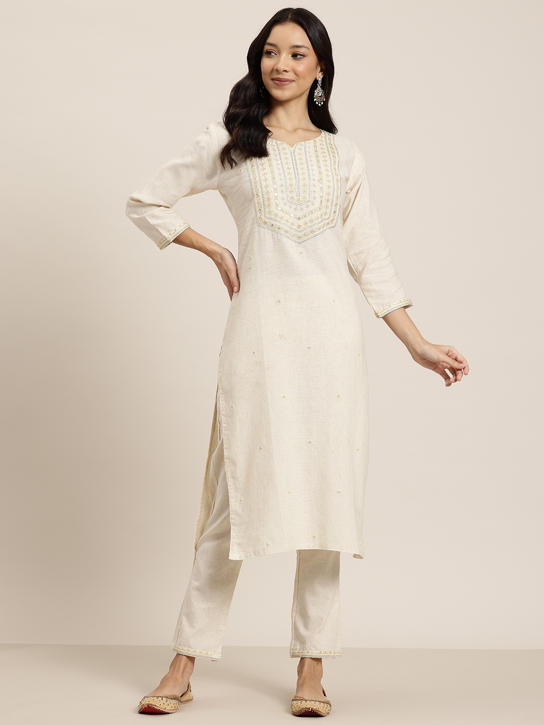 

HERE&NOW Ethnic Motifs Embroidered Pure Cotton Kurta With Trousers, Off white