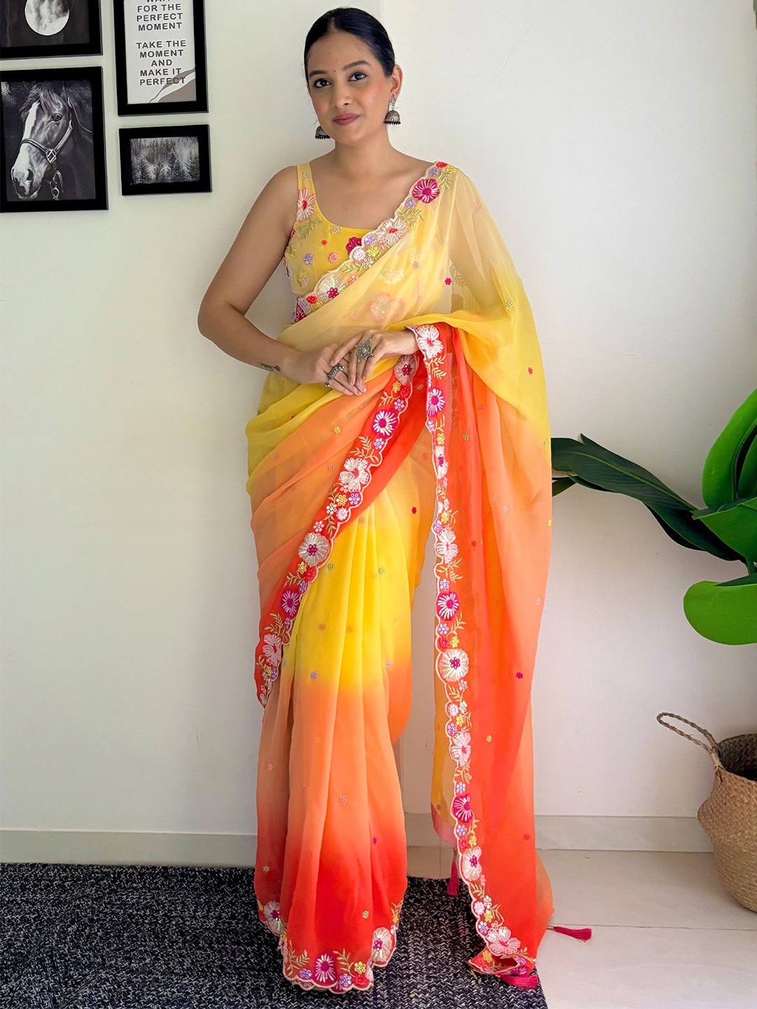 

KALINI Floral Embroidered Pure Georgette Heavy Work Saree, Yellow