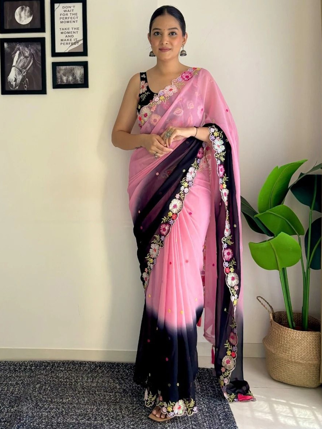 KALINI Floral Embroidered Pure Georgette Heavy Work Saree, Peach