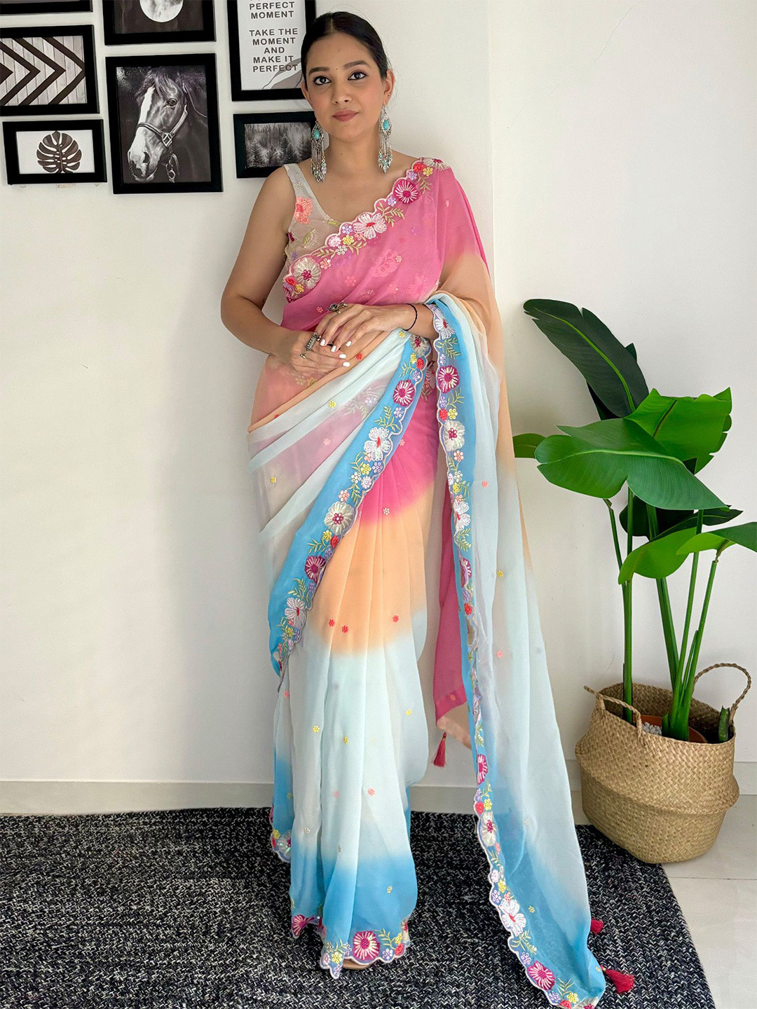 

KALINI Floral Embroidered Pure Georgette Heavy Work Saree, Blue