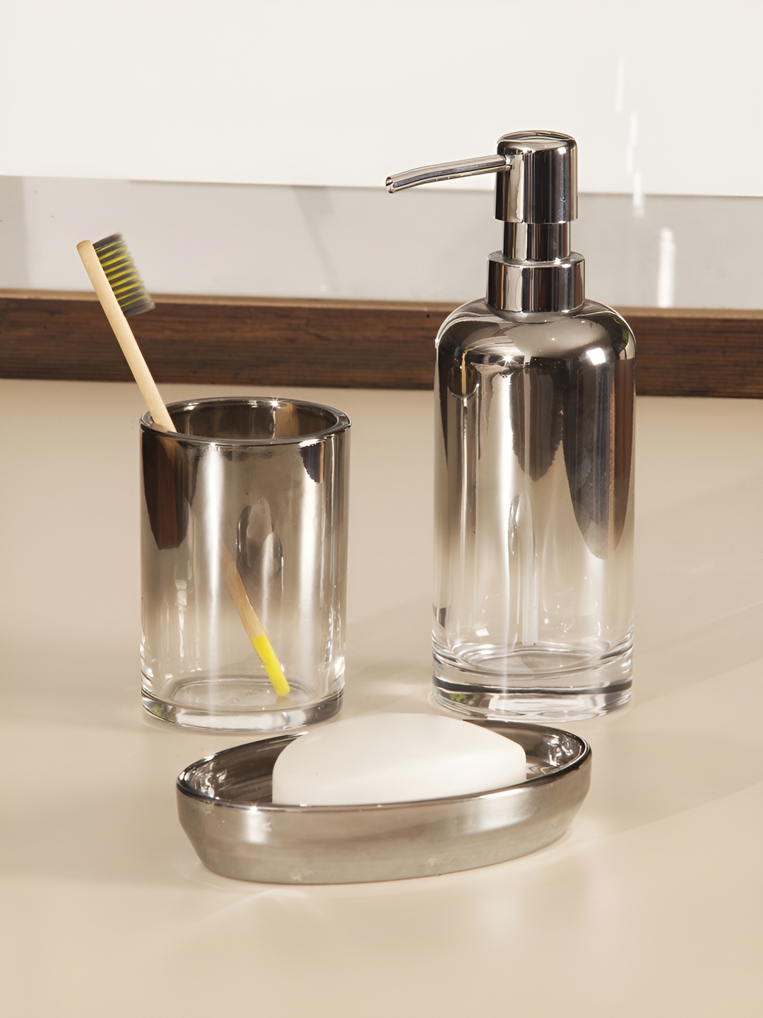 

OBSESSIONS Silver-Toned 3 Pieces Glass Transparent Bath Accessories Set 400ml