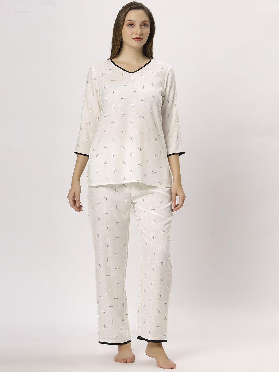 

ETC White V Neck Ethnic Motifs Printed Night suit