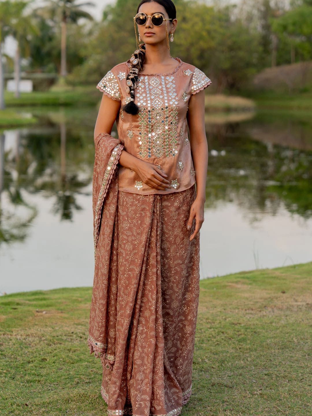 

Nikita Vishakha Embellished Mirror Work Organza Saree, Copper