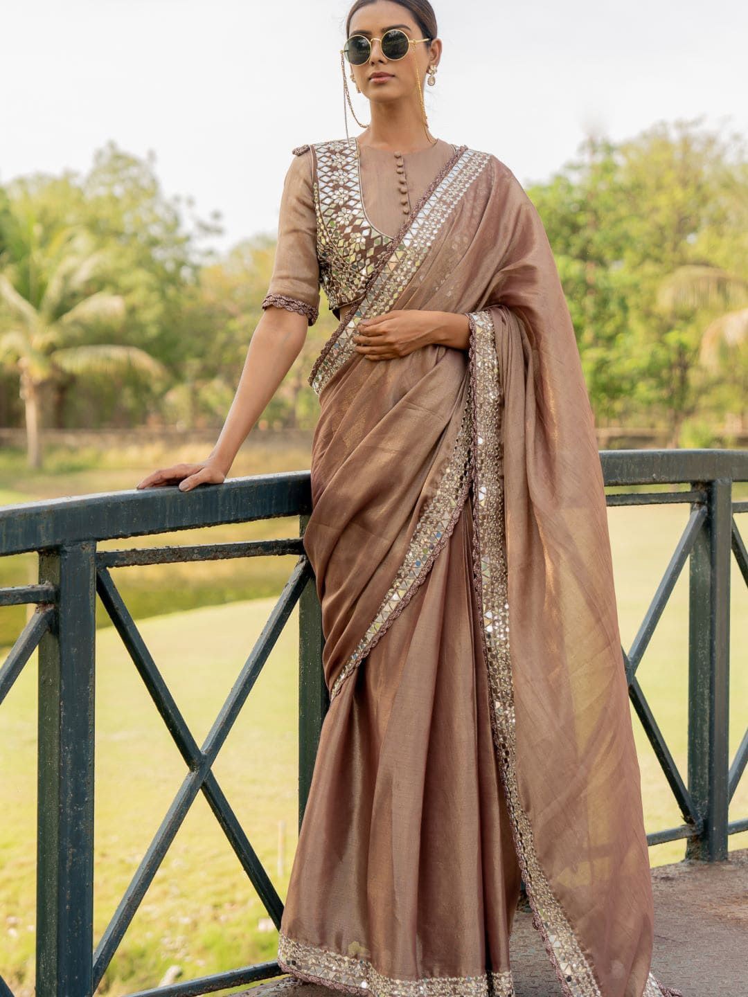 

Nikita Vishakha Mirror Work Tissue Saree, Bronze
