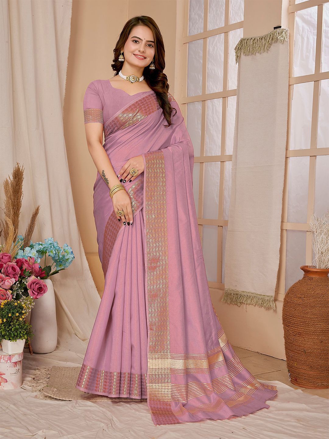 

MANMOHITSAREE Zari Chanderi Saree, Pink