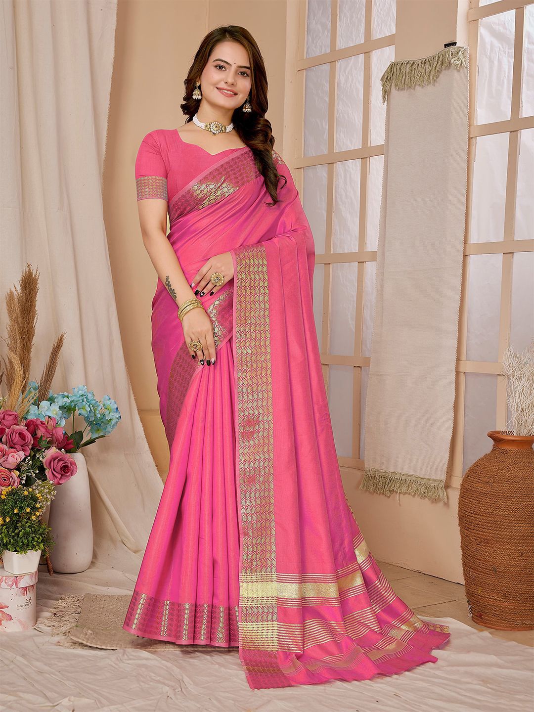 

MANMOHITSAREE Zari Chanderi Saree, Pink