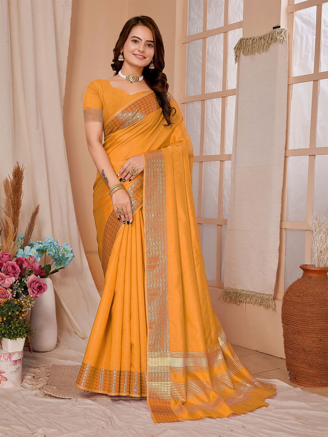 

MANMOHITSAREE Zari Chanderi Saree, Mustard