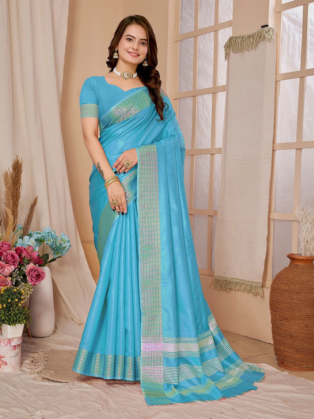 

MANMOHITSAREE Zari Chanderi Saree, Blue