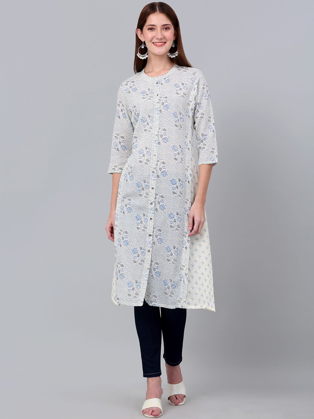 

Cantabil Floral Printed Band Collar Straight Kurta, White