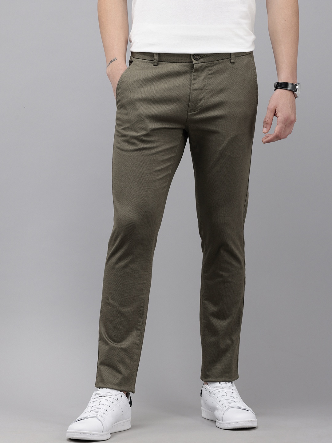 

Arrow Sport Men Checked Slim Fit Trousers, Olive