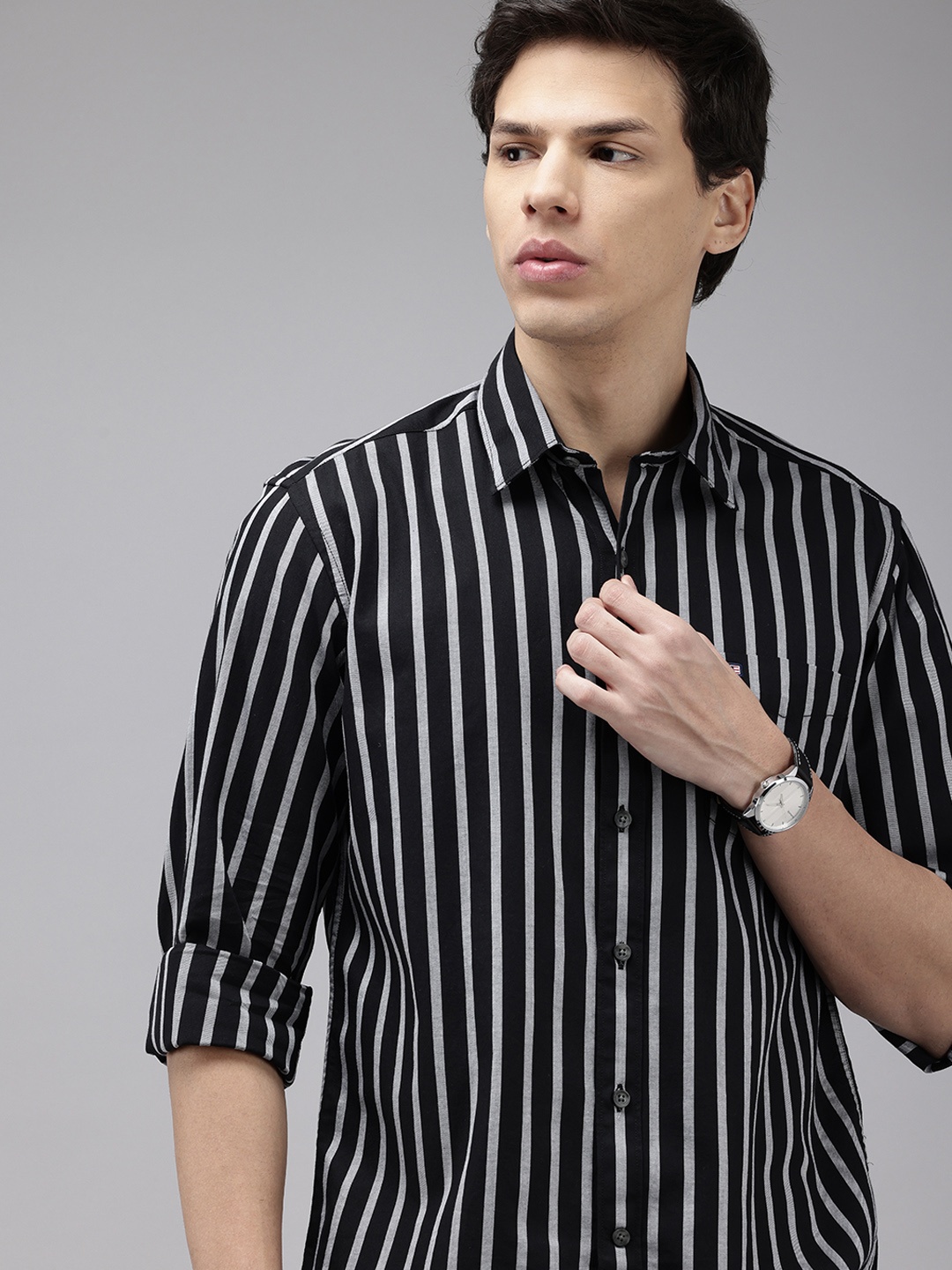 

Arrow Sport Manhattan Slim Fit Self Striped Pure Cotton Casual Shirt, Black