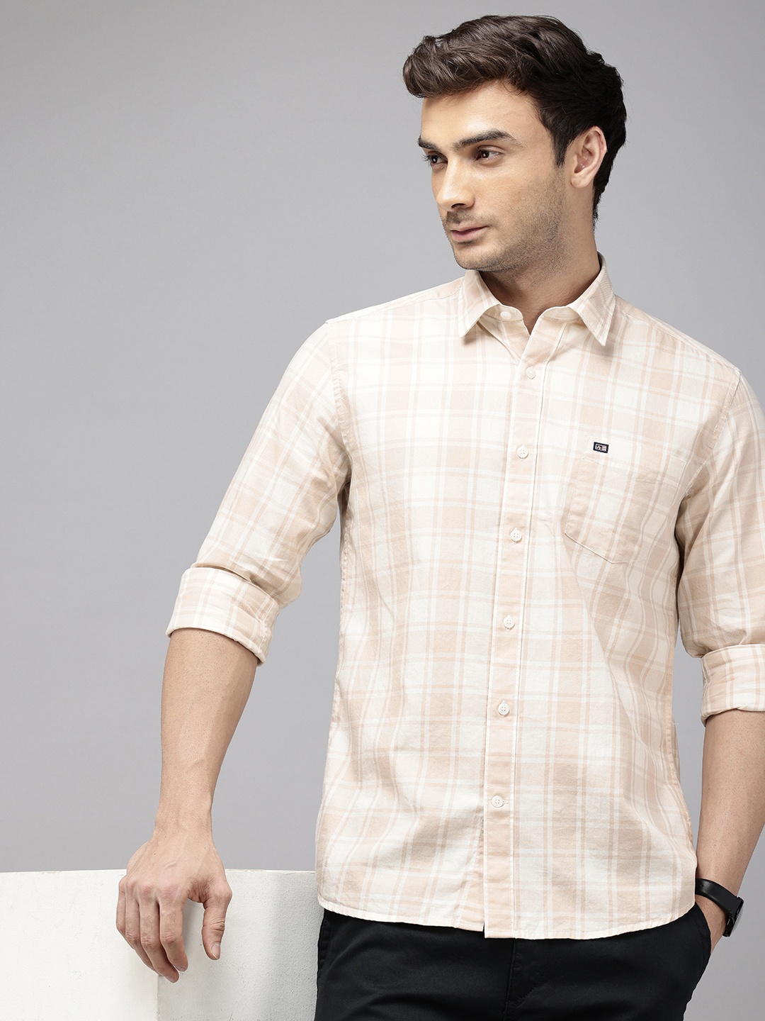

Arrow Sport Pure Cotton Manhattan Slim Fit Checked Casual Shirt, Beige
