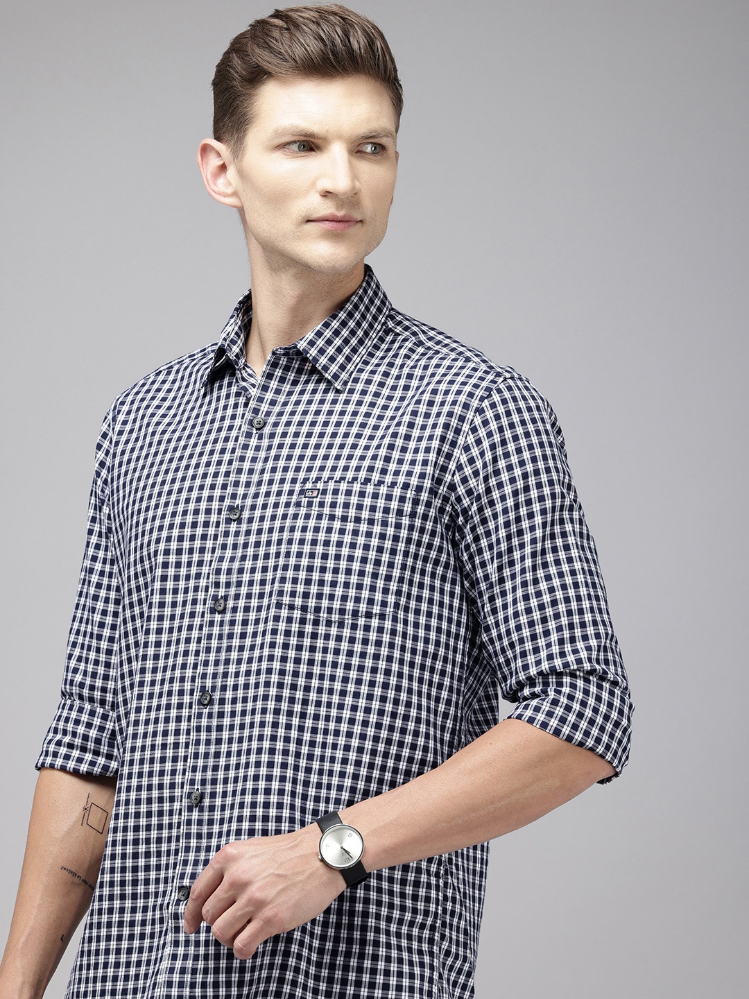 

Arrow Sport Pure Cotton Manhattan Slim Fit Checked Casual Shirt, Navy blue