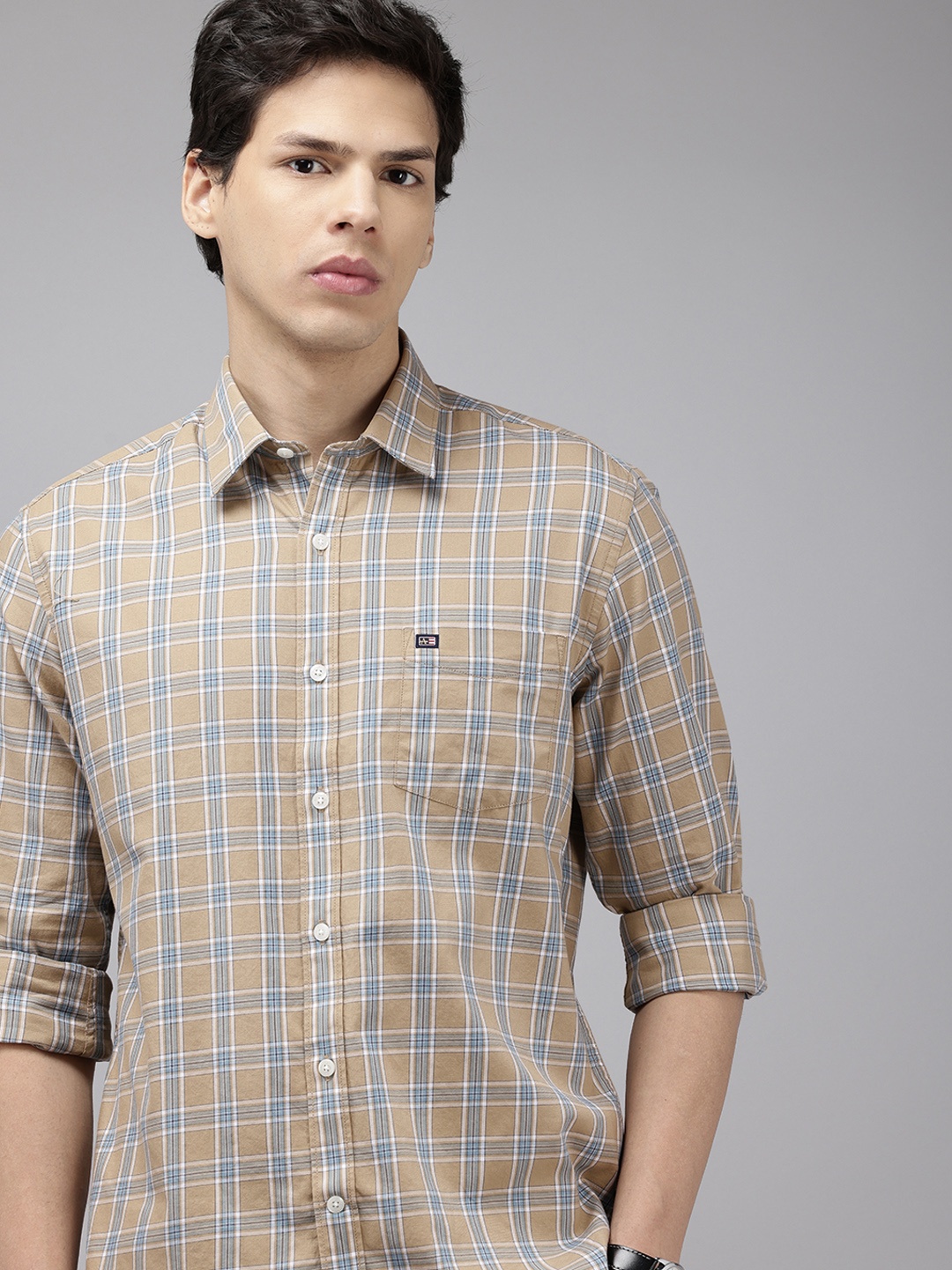 

Arrow Sport Manhattan Slim Fit Checked Pure Cotton Casual Shirt, Beige