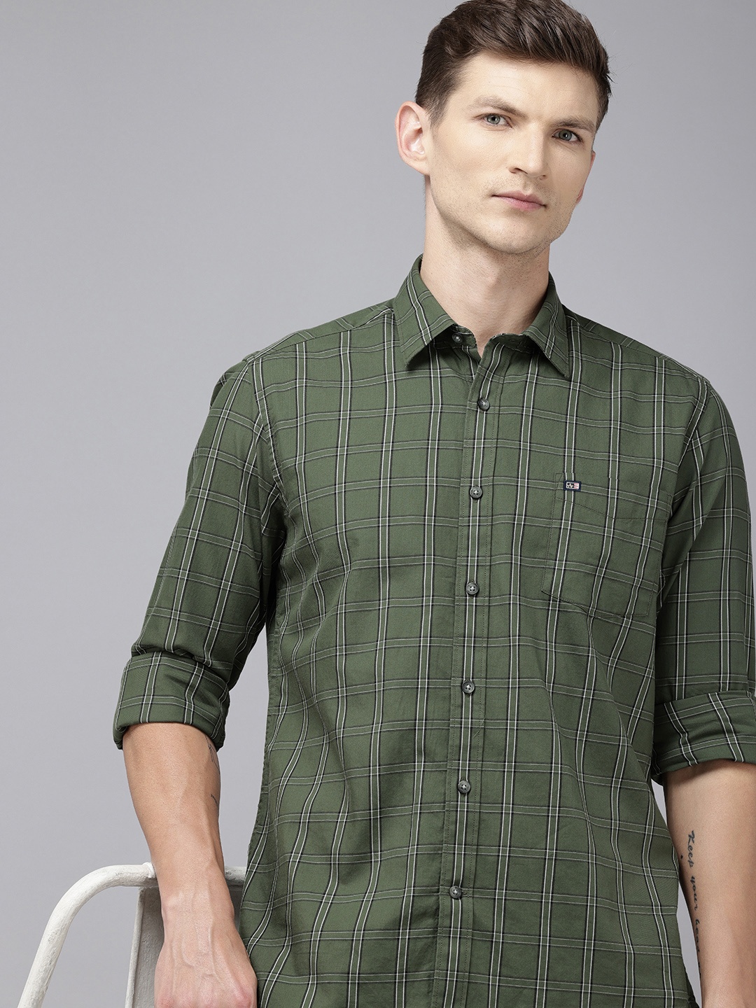 

Arrow Sport Pure Cotton Manhattan Slim Fit Checked Casual Shirt, Green