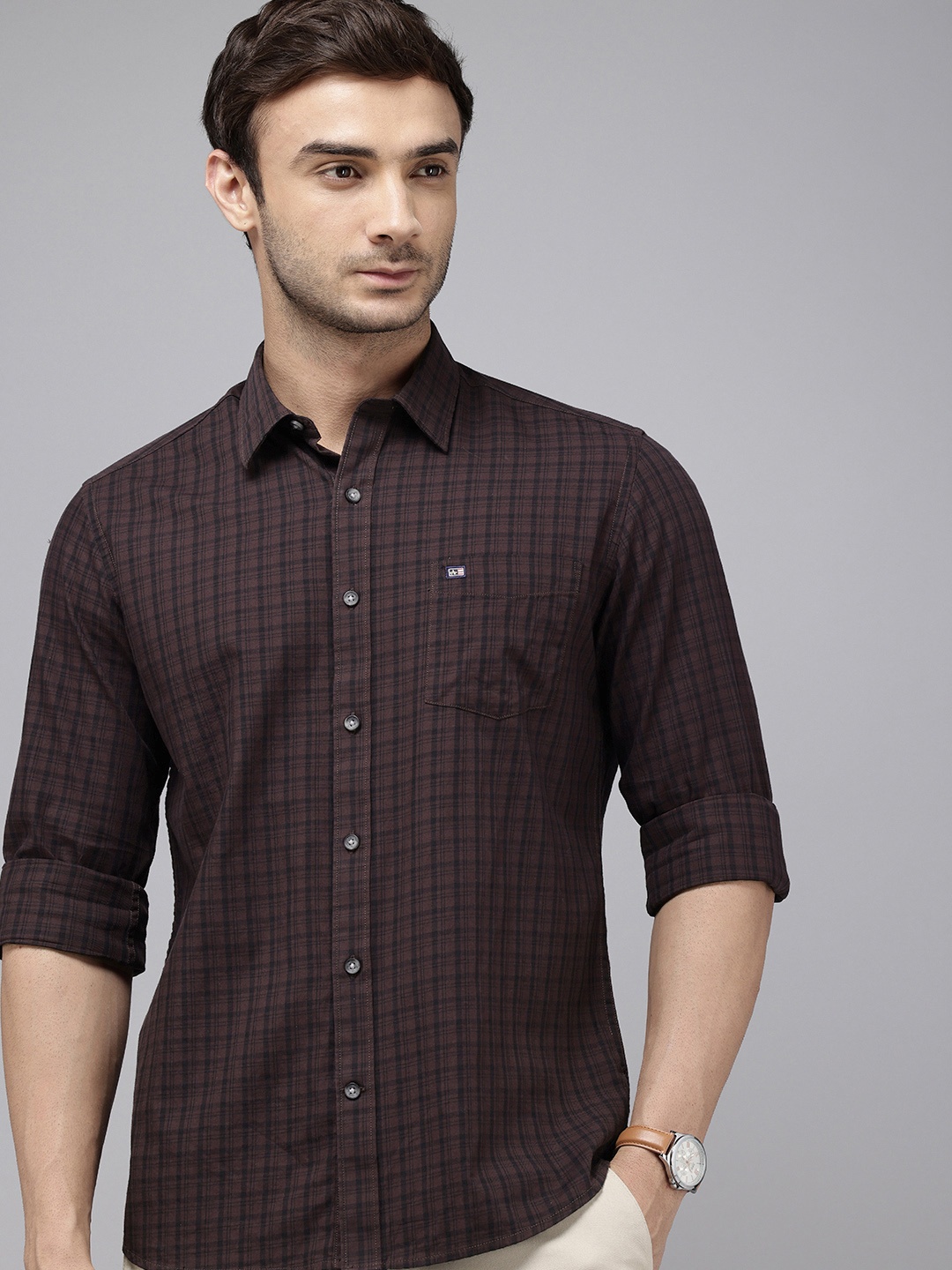 

Arrow Sport Checked Slim Fit Opaque Pure Cotton Casual Shirt, Brown