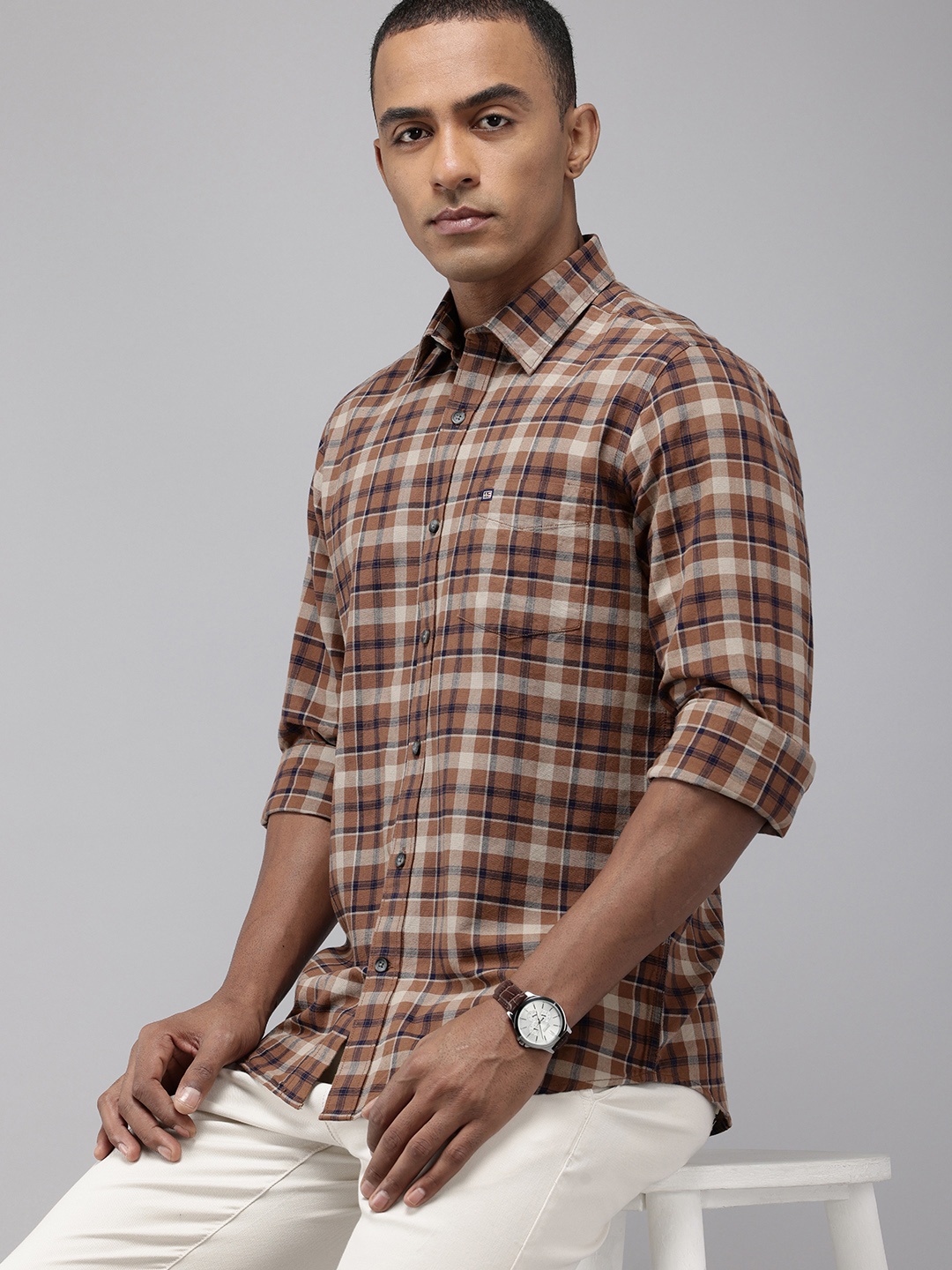 

Arrow Sport Tartan Checked Slim Fit Opaque Pure Cotton Casual Shirt, Brown