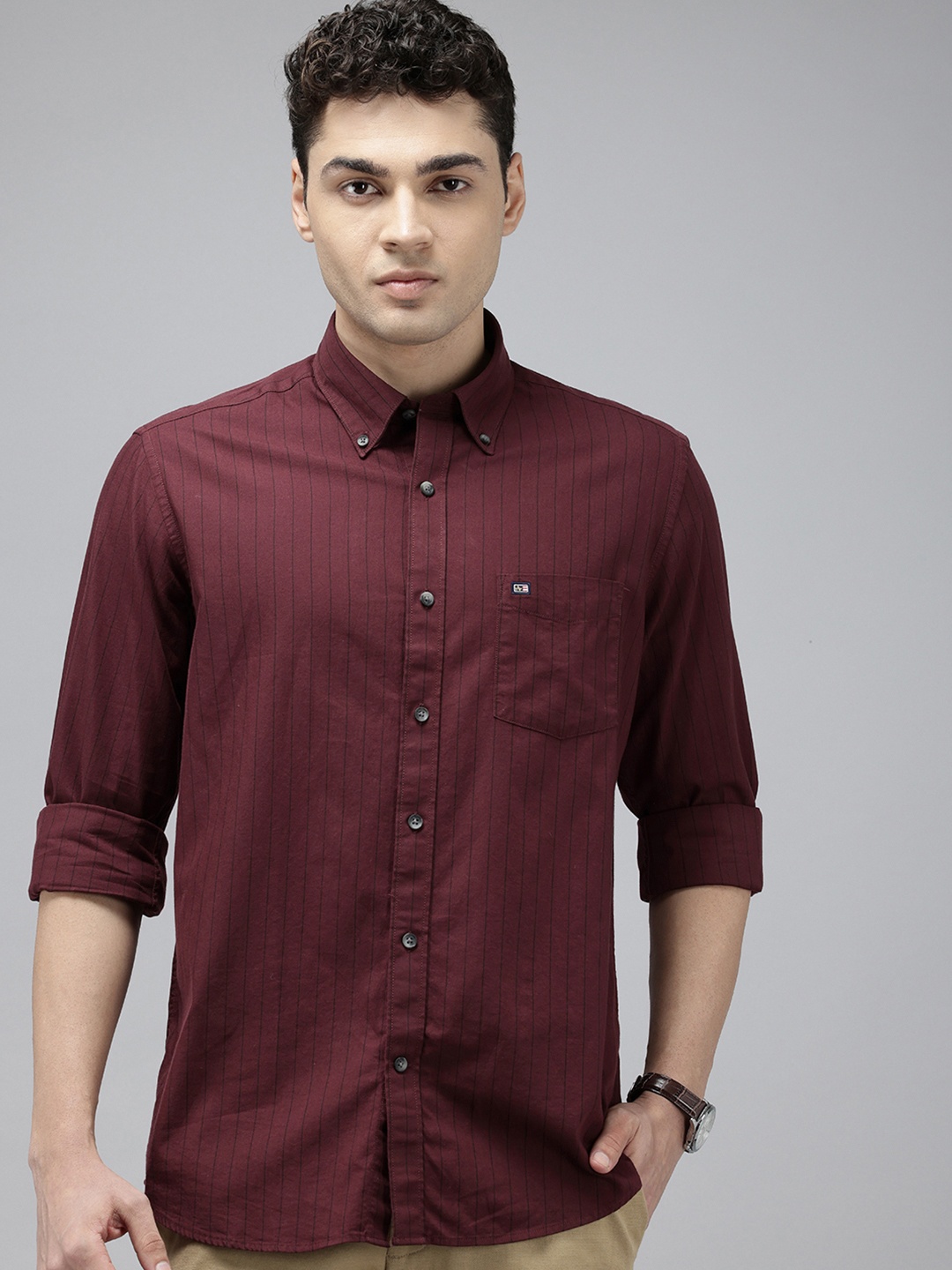 

Arrow Sport Pure Cotton Slim Fit Opaque Striped Casual Shirt, Maroon