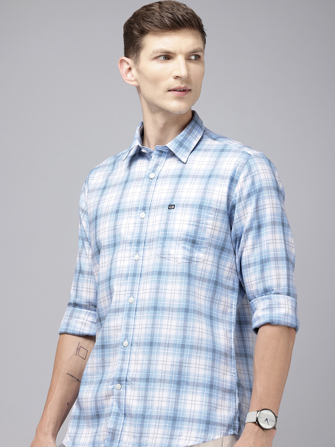 

Arrow Sport Pure Cotton Manhattan Slim Fit Checked Casual Shirt, Blue
