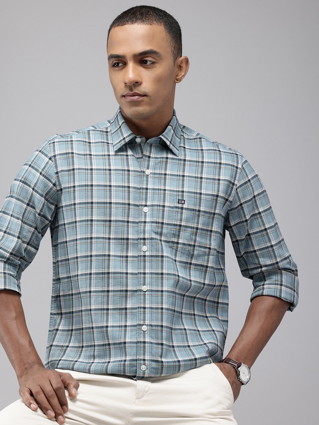 

Arrow Sport Pure Cotton Manhattan Slim Fit Checked Casual Shirt, Blue