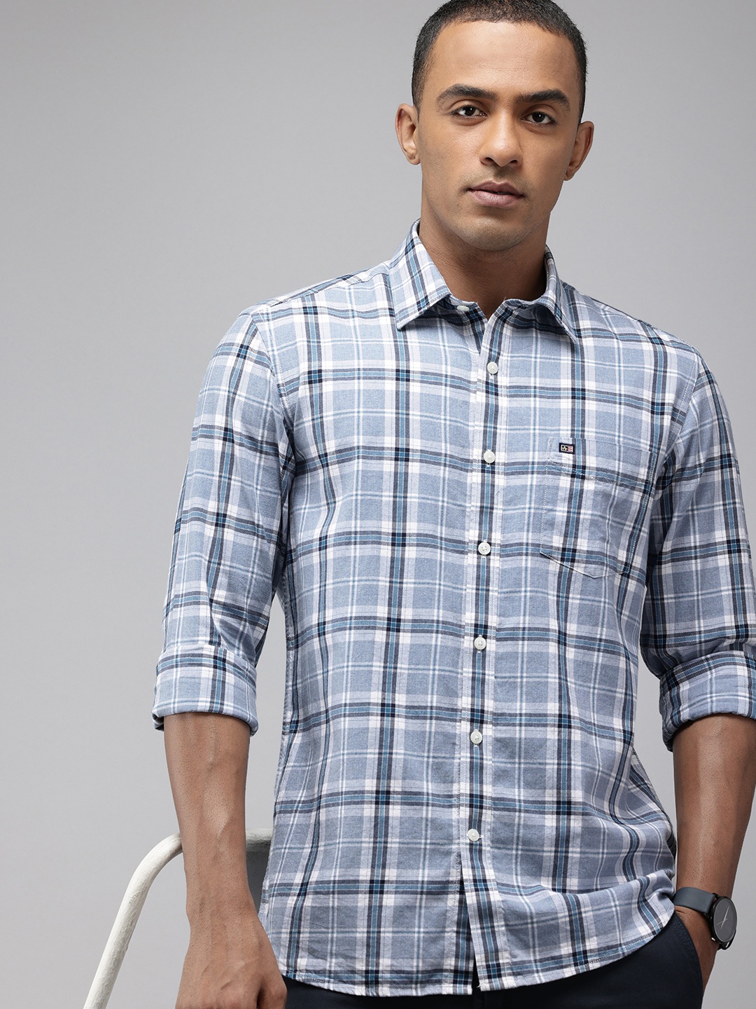

Arrow Sport Pure Cotton Manhattan Slim Fit Checked Casual Shirt, Blue