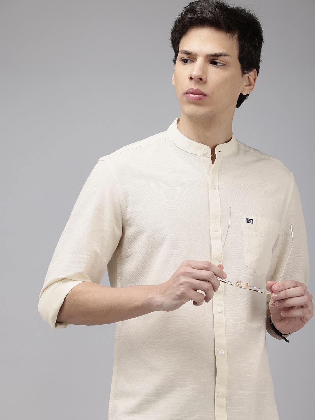 

Arrow Sport Pure Cotton Band Collar Manhattan Slim Fit Casual Shirt, Beige