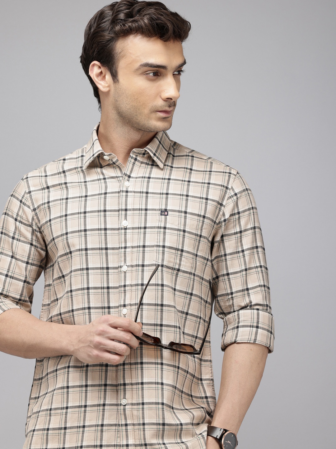 

Arrow Sport Pure Cotton Manhattan Slim Fit Checked Casual Shirt, Beige