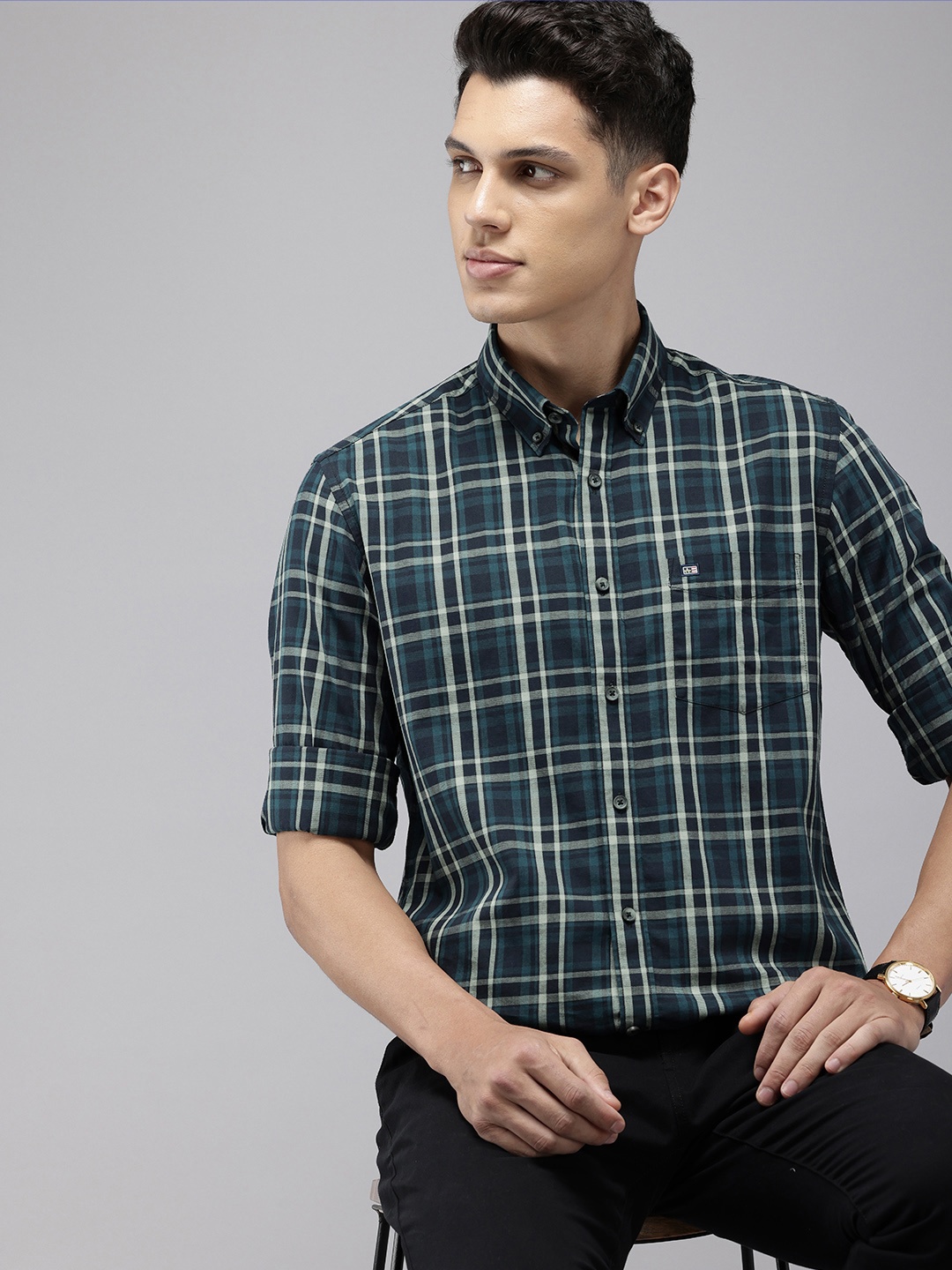 

Arrow Sport Manhattan Slim Fit Checked Button-Down Collar Pure Cotton Casual Shirt, Teal