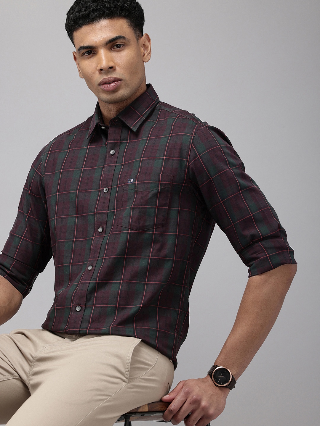 

Arrow Sport Manhattan Slim Fit Checked Pure Cotton Casual Shirt, Burgundy