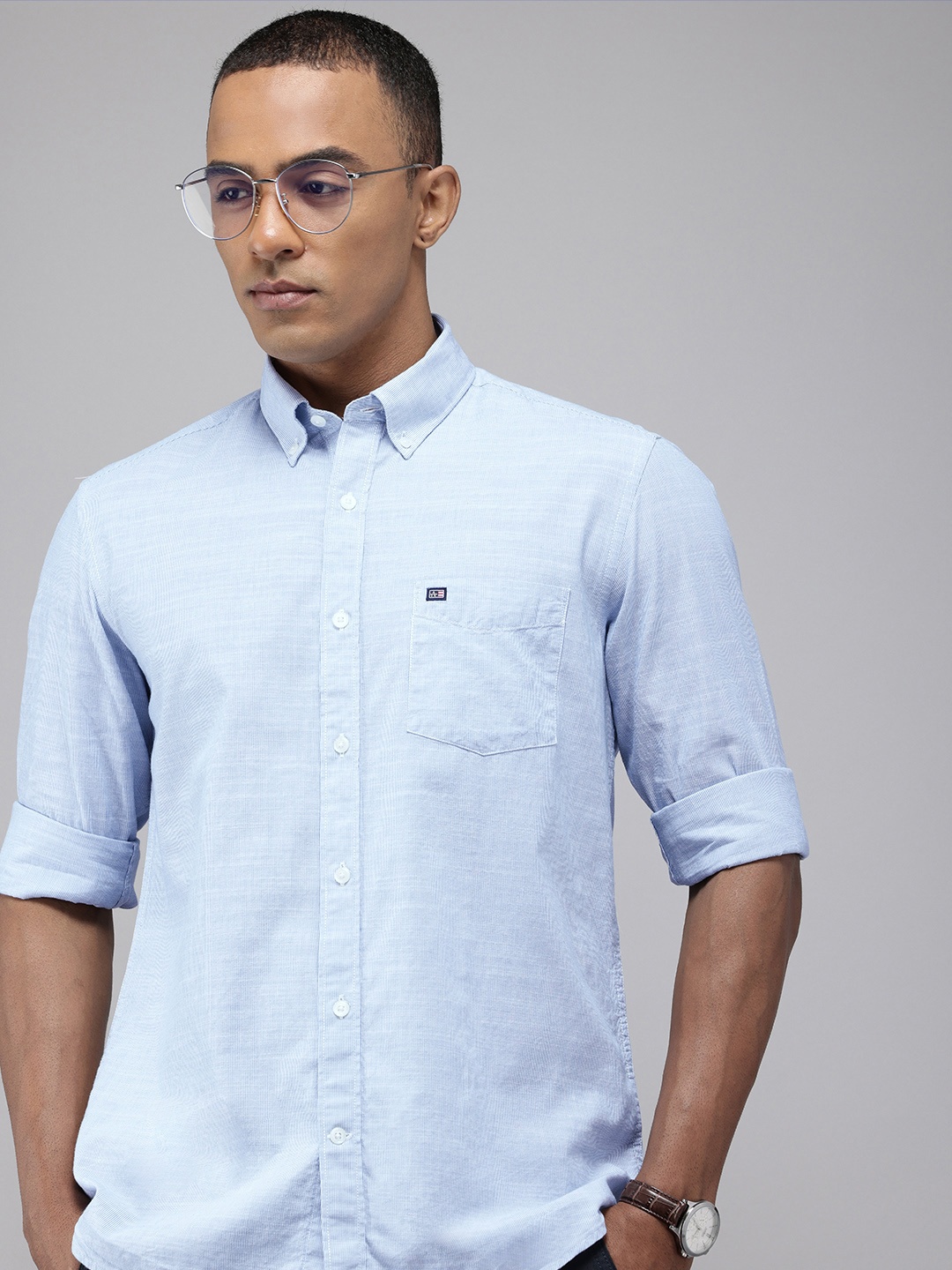 

Arrow Sport Manhattan Slim Fit Pinstripes Button-Down Collar Pure Cotton Casual Shirt, Blue