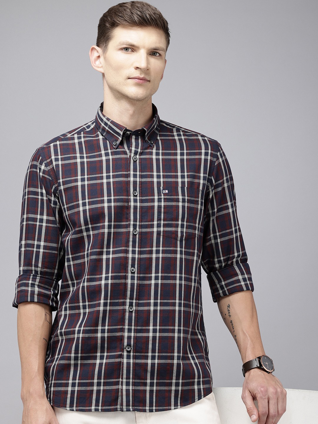 

Arrow Sport Pure Cotton Manhattan Slim Fit Checked Casual Shirt, Navy blue