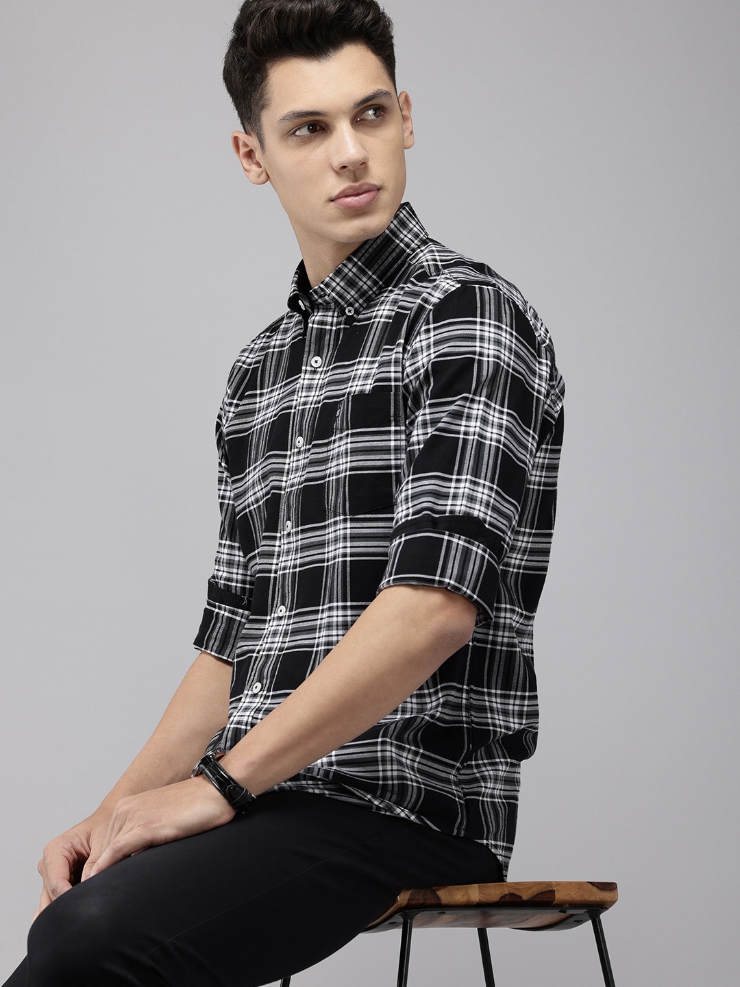 

Arrow Sport Pure Cotton Manhattan Slim Fit Checked Casual Shirt, Black