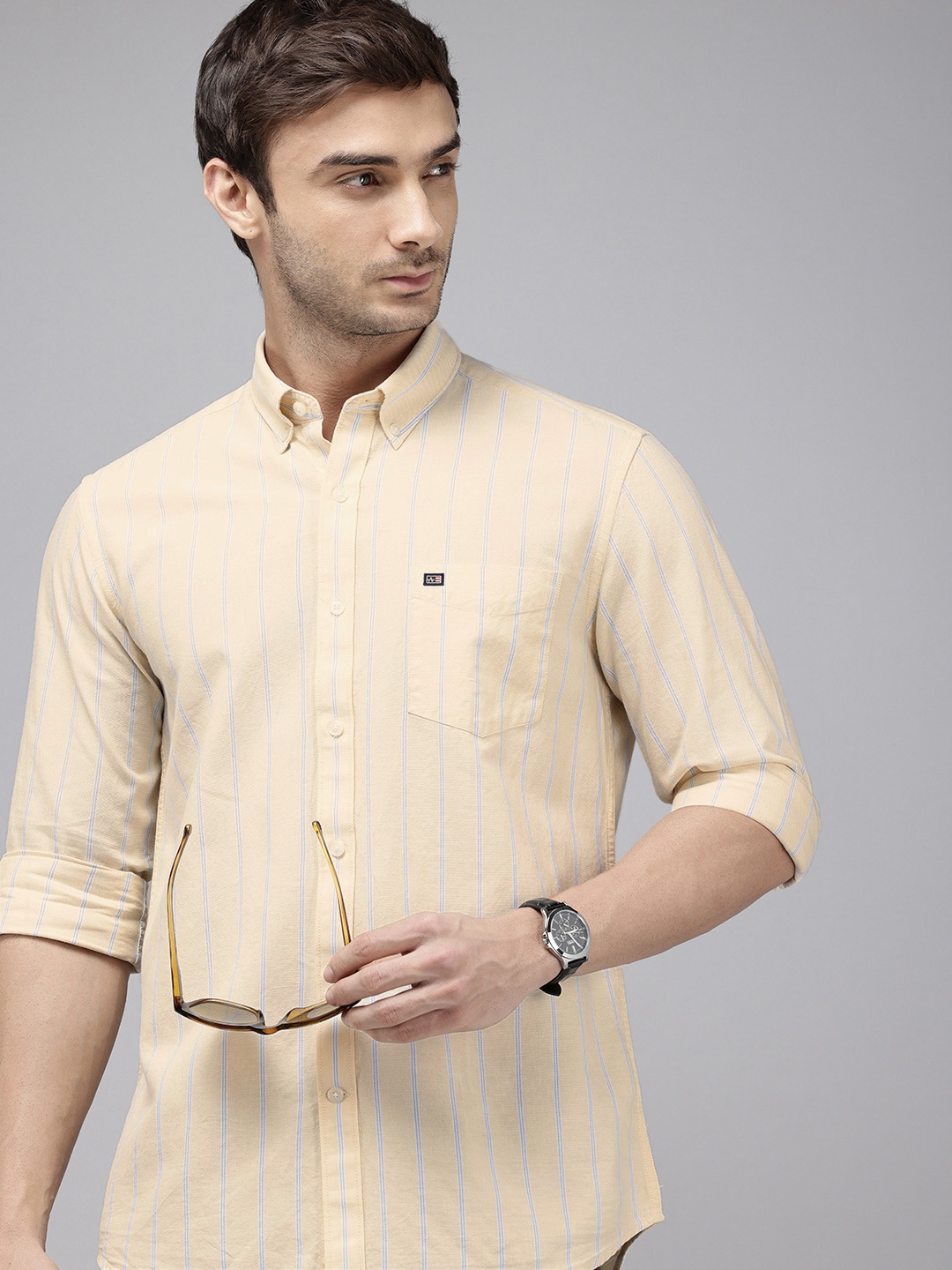 

Arrow Sport Striped Manhattan Slim Fit Opaque Pure Cotton Casual Shirt, Yellow