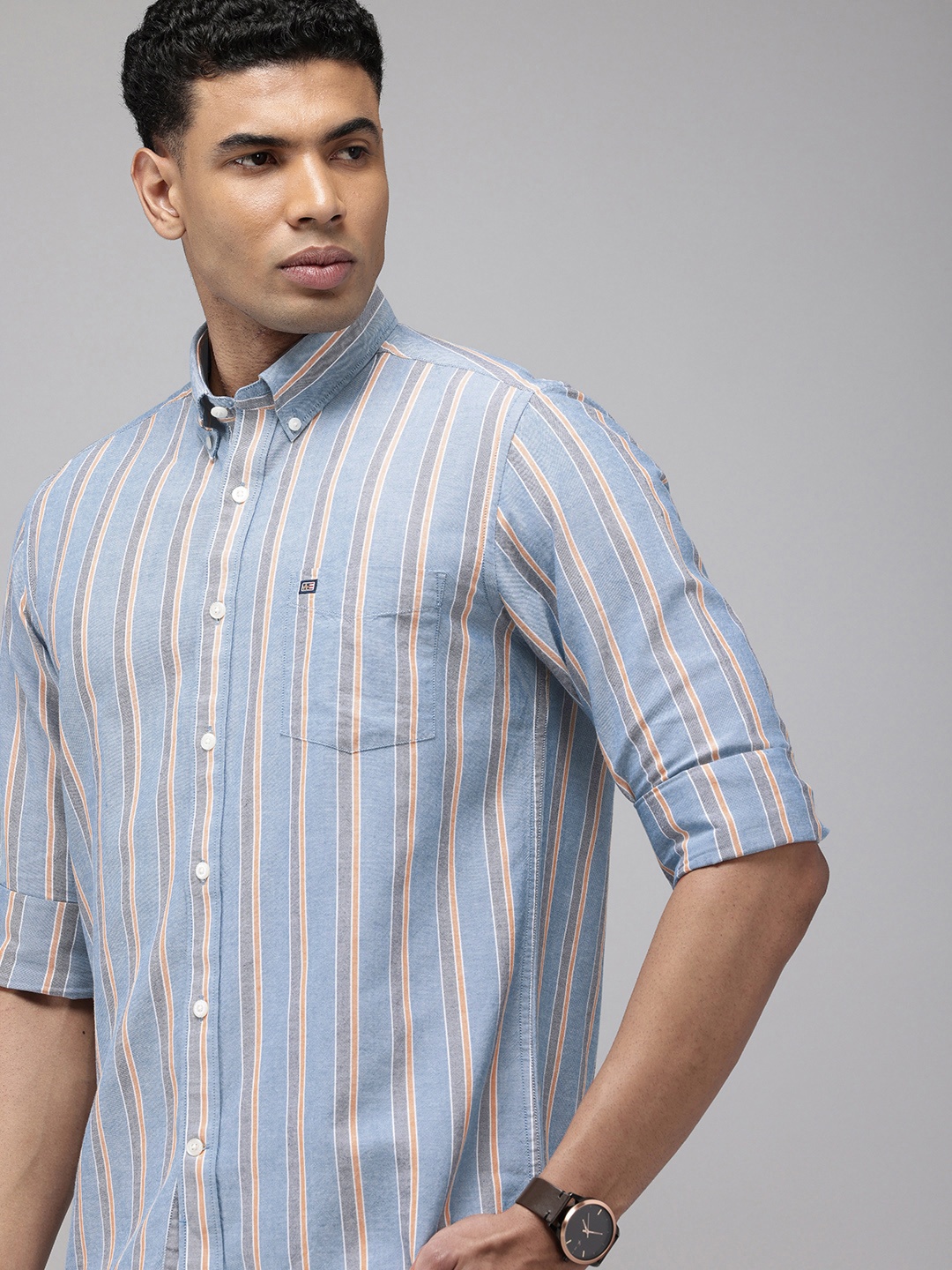 

Arrow Sport Manhattan Slim Fit Striped Button-Down Collar Pure Cotton Casual Shirt, Blue
