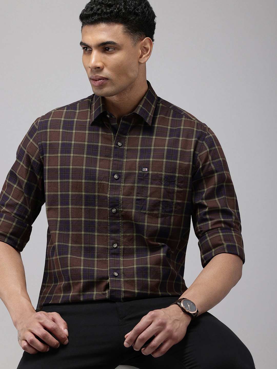 

Arrow Sport Manhattan Slim Fit Checked Pure Cotton Casual Shirt, Brown