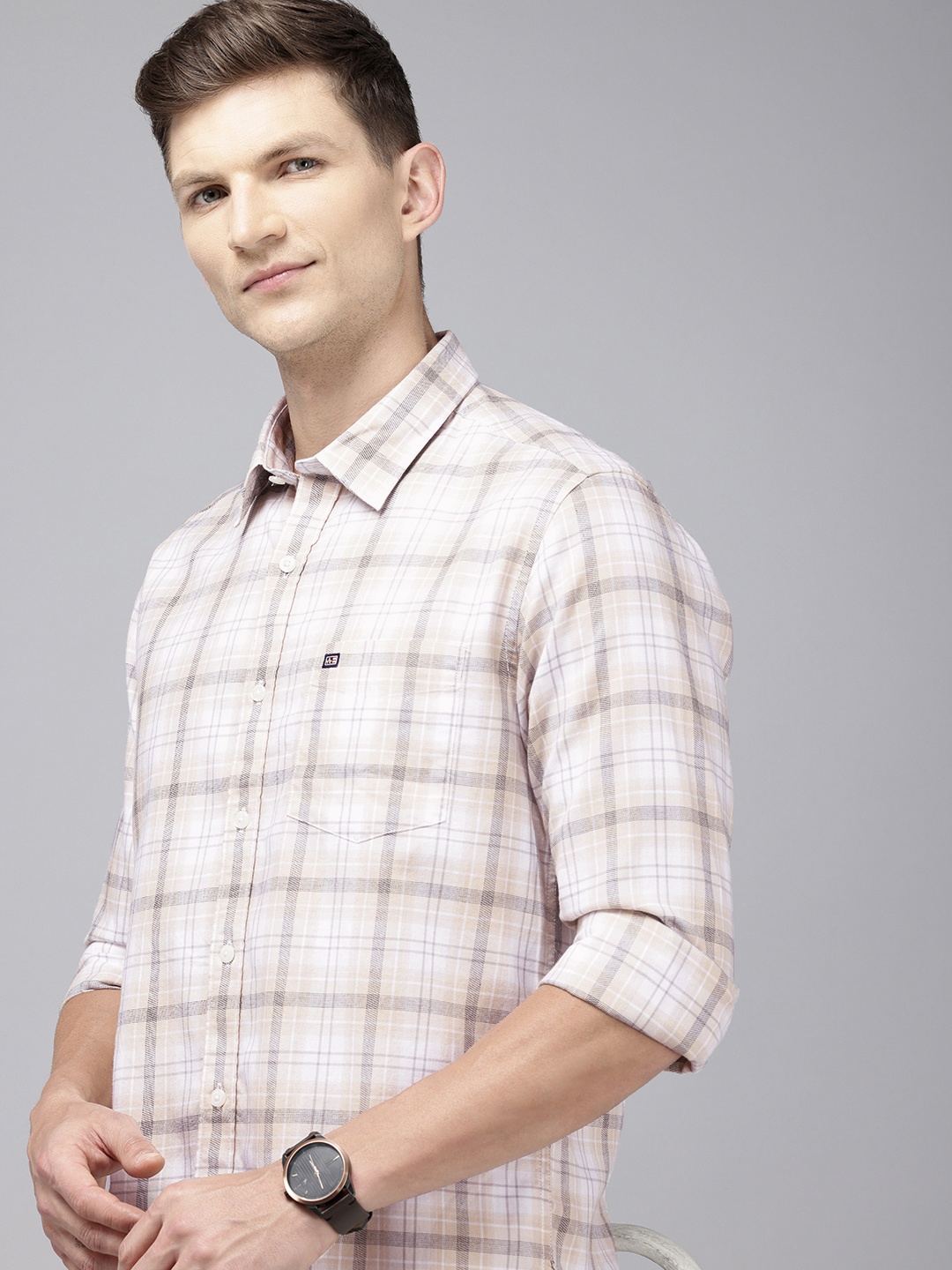 

Arrow Sport Pure Cotton Manhattan Slim Fit Checked Casual Shirt, Beige