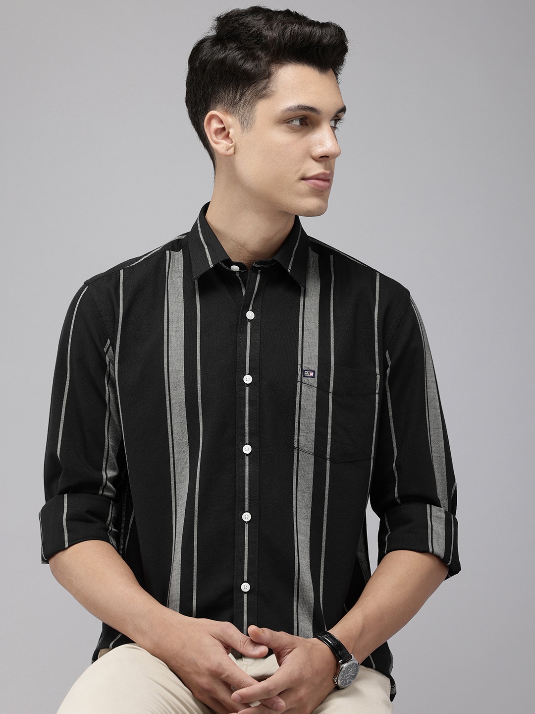 

Arrow Sport Pure Cotton Manhattan Slim Fit Striped Casual Shirt, Black