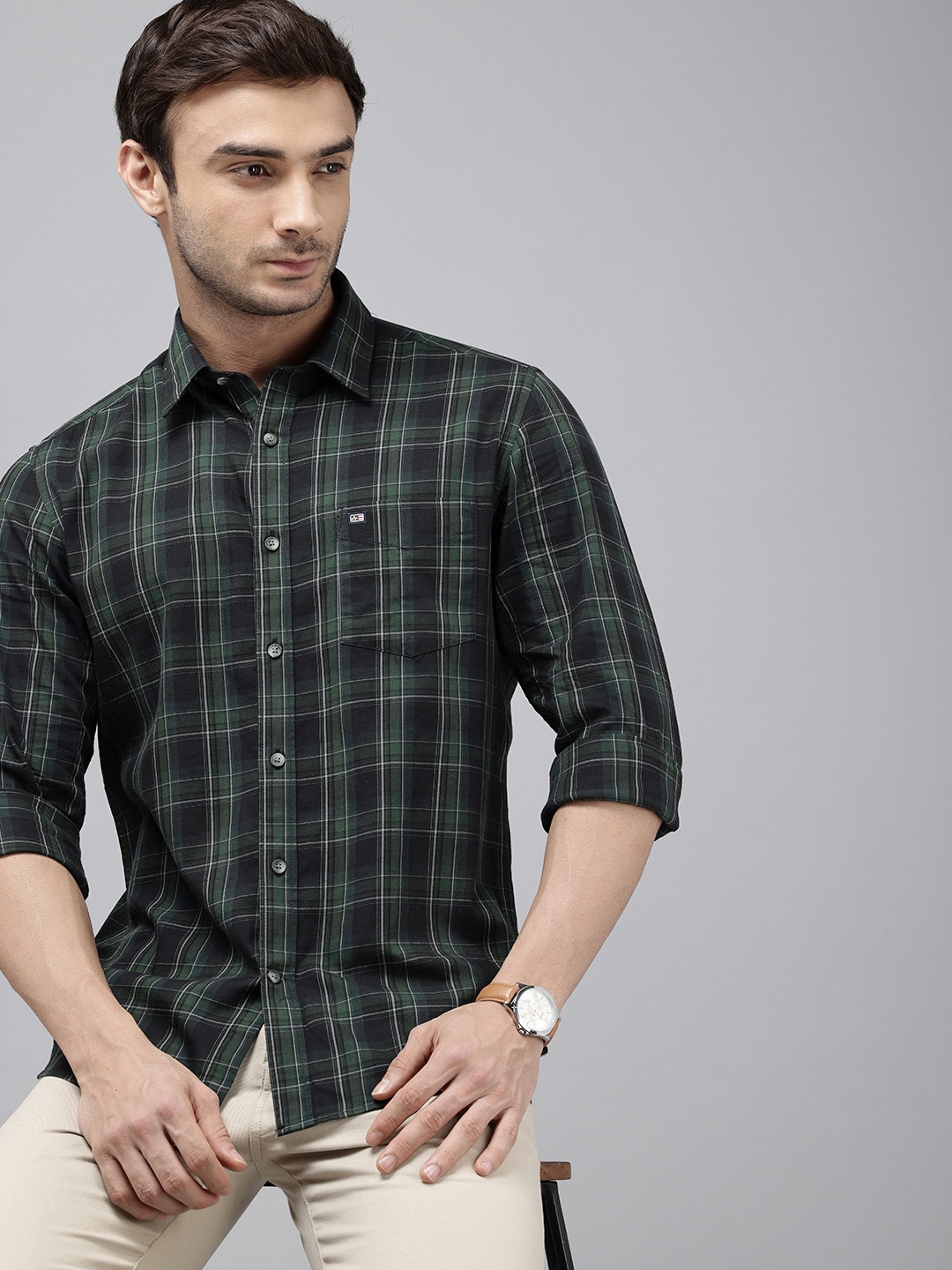 

Arrow Sport Slim Fit Tartan Checked Pure Cotton Casual Shirt, Green