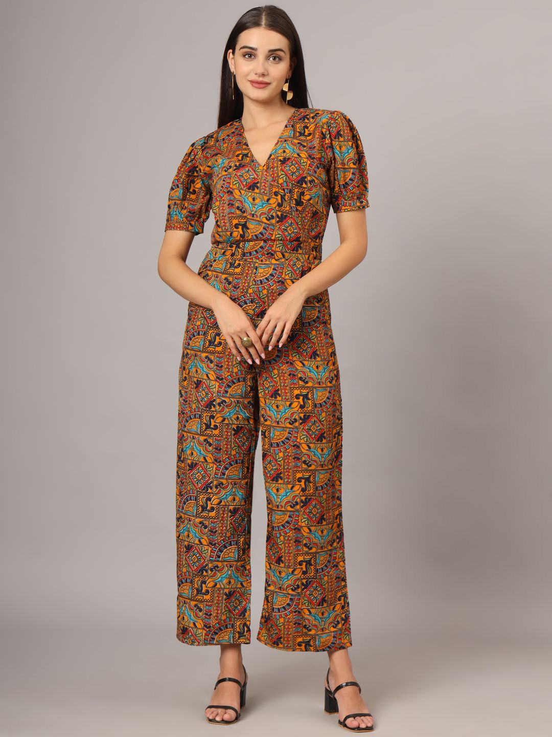 

BRINNS Printed V-Neck Basic Jumpsuit, Brown