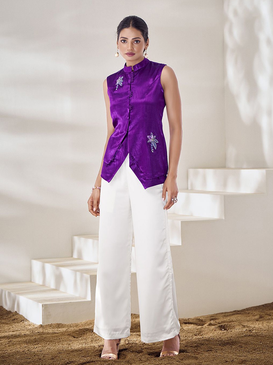 

Fusionic Mandarin Collar Sleeveless Embellished Pure Silk Top, Violet