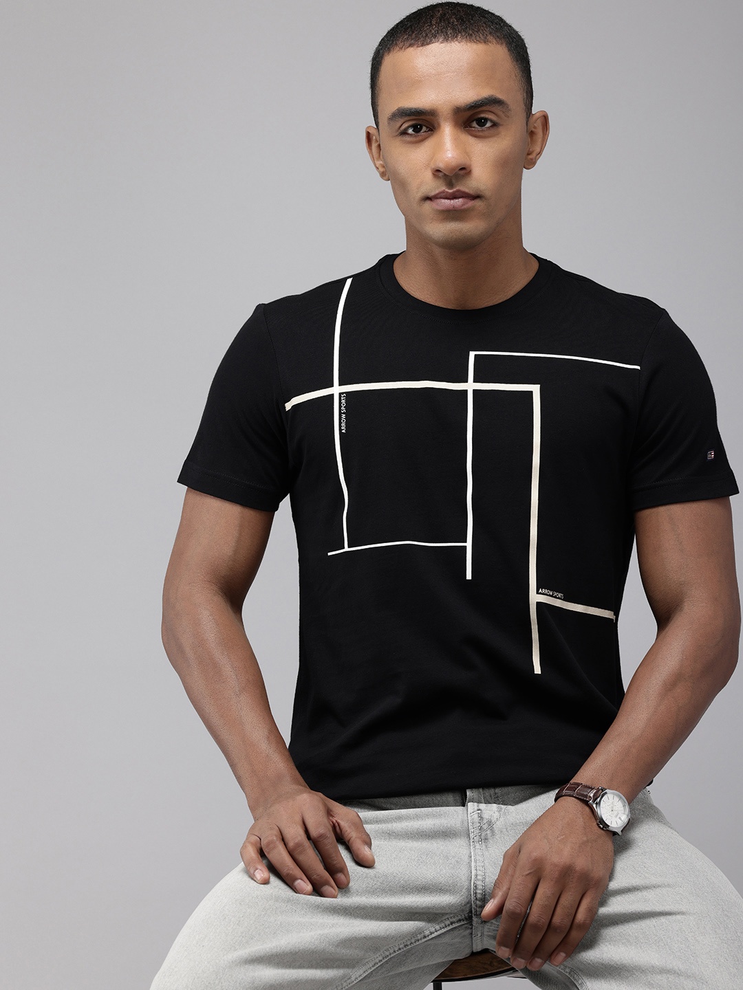 

Arrow Sport Geometric Printed Pure Cotton T-shirt, Black