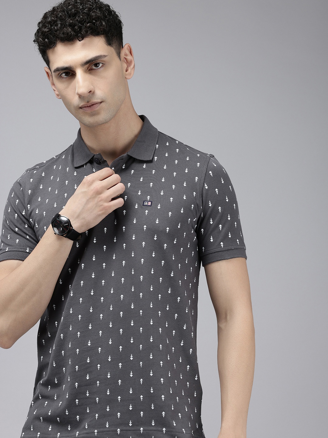 

Arrow Sport Geometric Printed Polo Collar Relaxed Fit Pure Cotton T-shirt, Grey