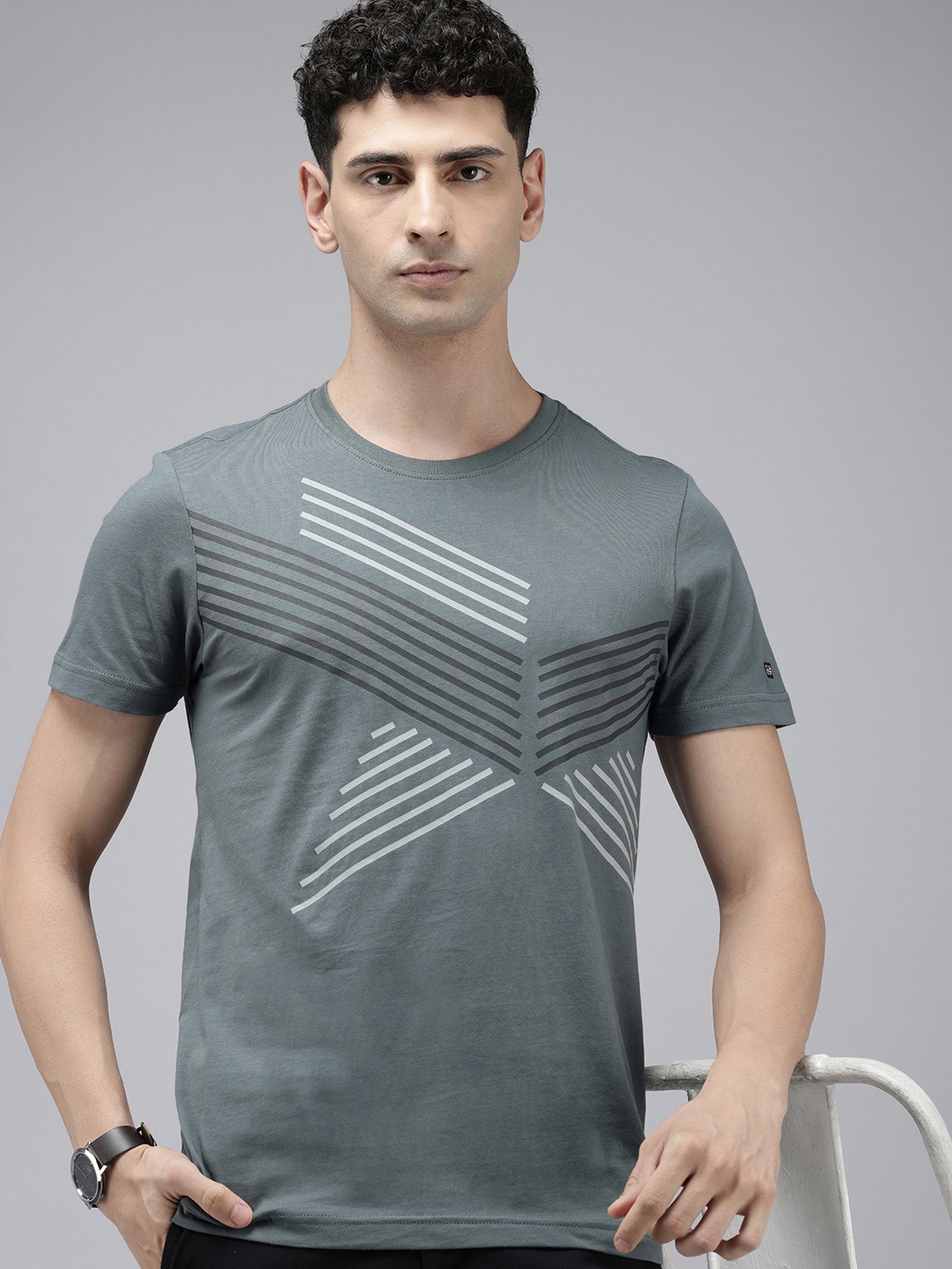 

Arrow Sport Geometric Printed Pure Cotton T-shirt, Grey